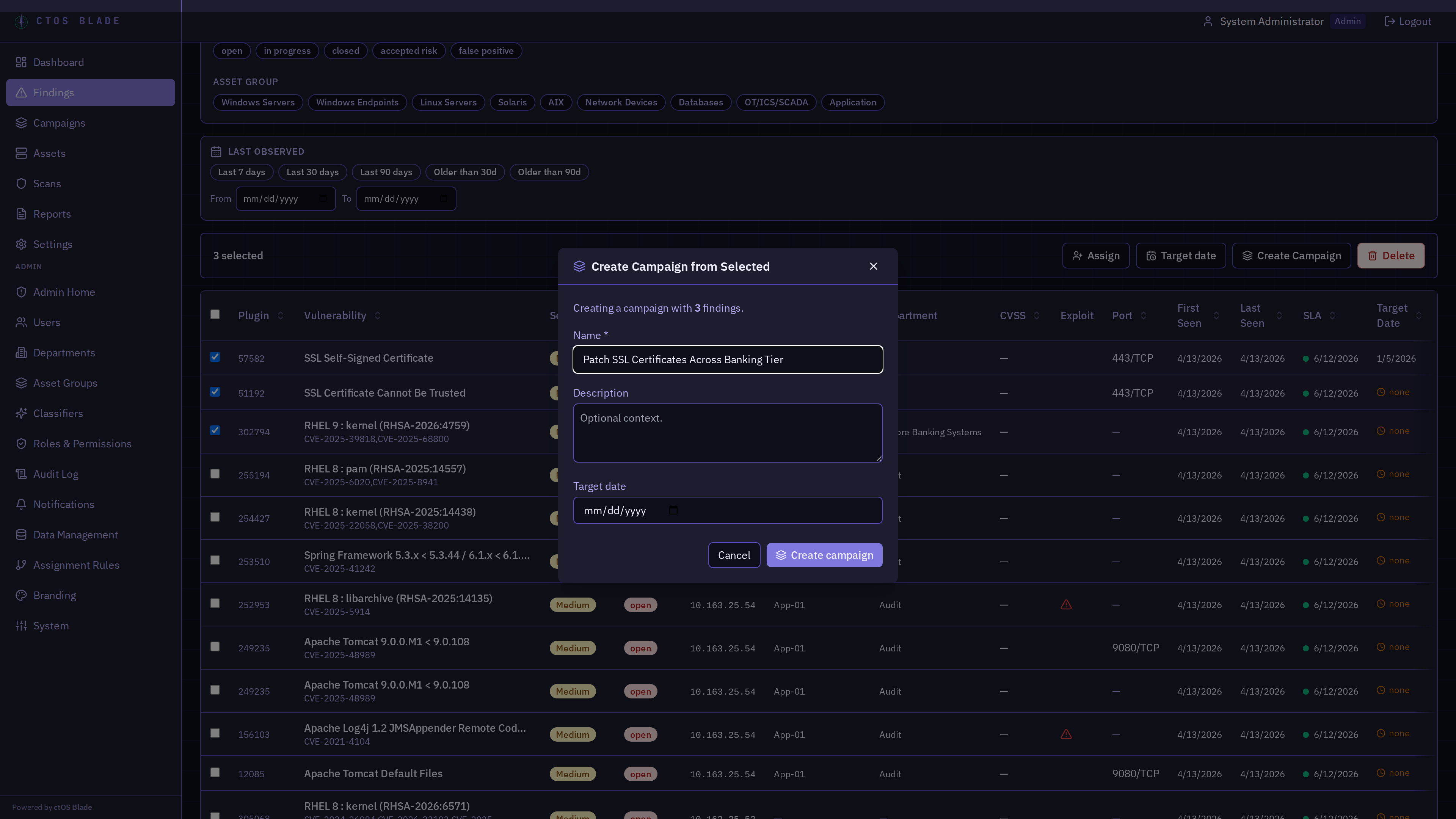 Bulk-create Campaign dialog with 18 findings selected
