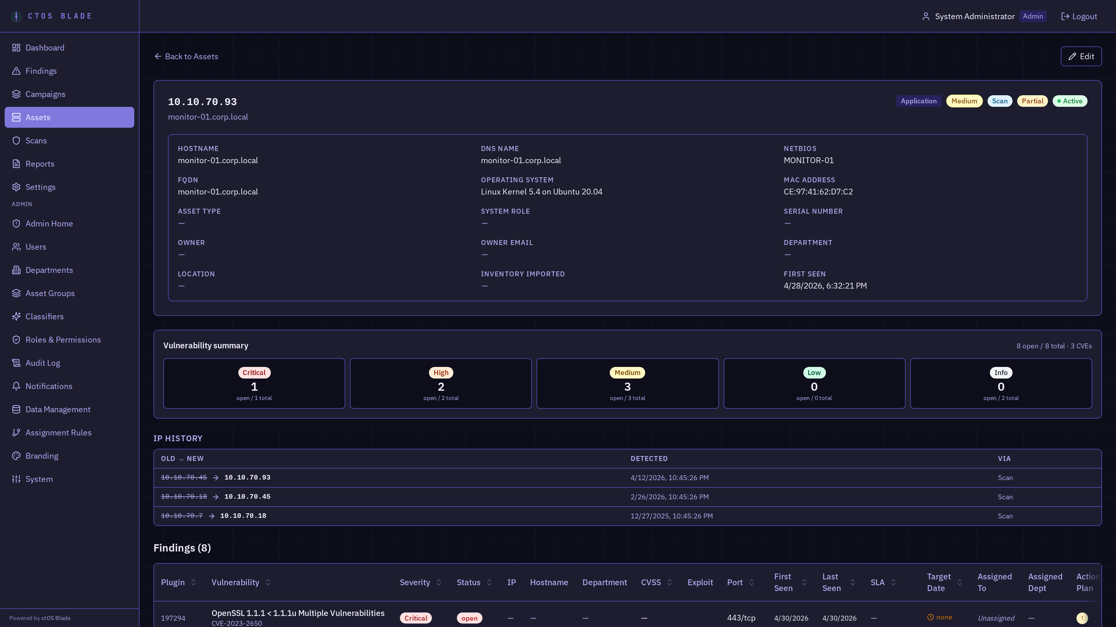 Asset detail page for monitor-01.corp.local showing IP history, severity summary, and findings list